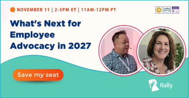 Event banner for 'What’s Next for Employee Advocacy in 2027' with two circular speaker photos and a prominent 'Save my seat' button.